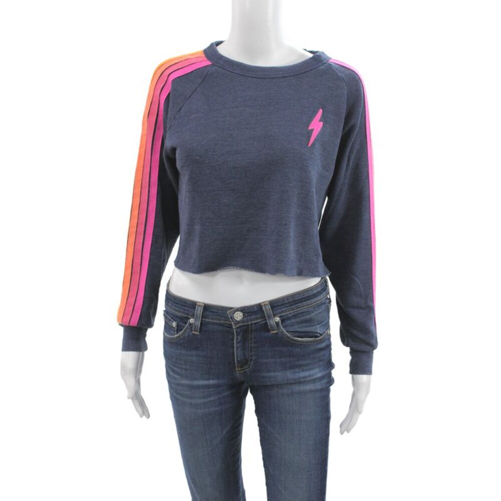 Aviator Nation Women Pullover Sweatshirt Dark Blue Striped Crewneck Size XS
